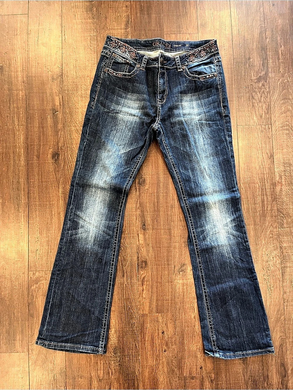 Grace in LA Easy Fit Dark Wash Bootcut Jeans Embroidered Sequin Studded, Sz. 33